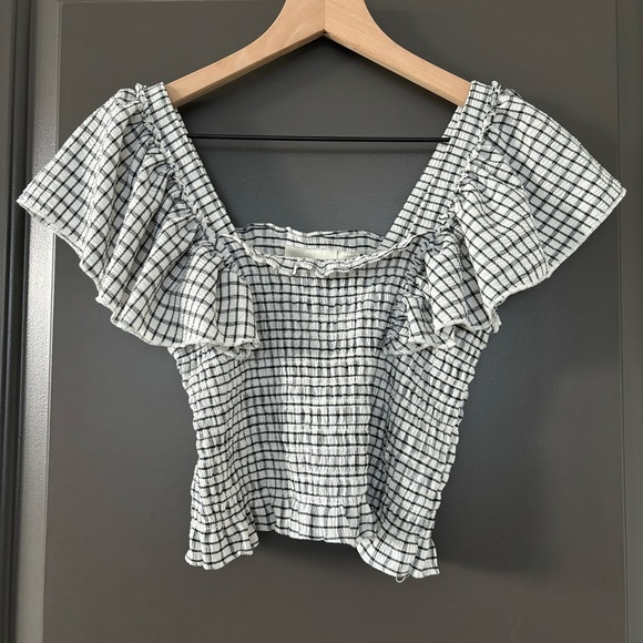 Maeve Crinkle Gingham Smocked Top Black and White Ruffled Blouse Size XS - Picture 4 of 8